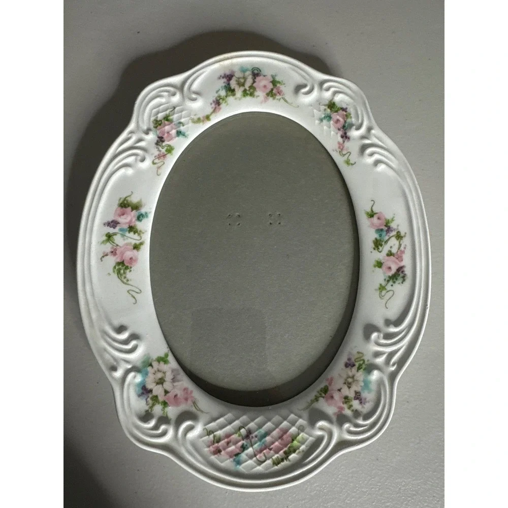 Vintage White Porcelain Oval Floral Photo Frame Pink Roses Victorian 5x7